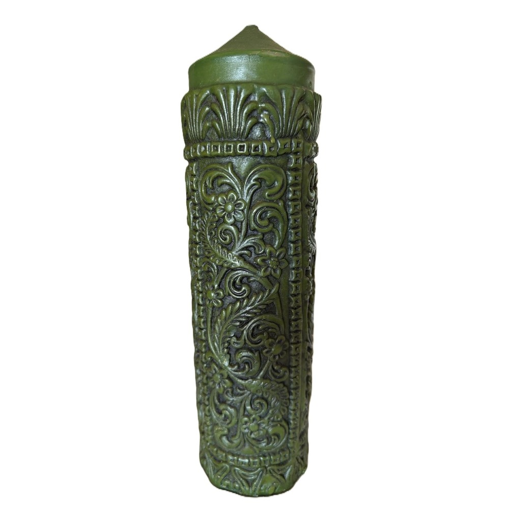 Vintage Carved Pillar Candle 13in Dark Olive Green MCM Hollywood Regency
